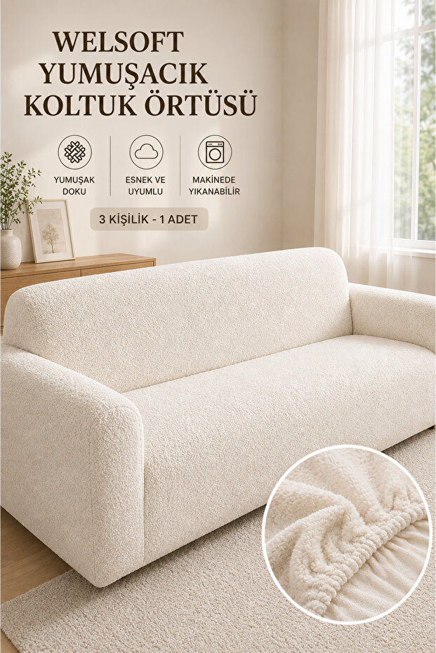 Soft Welsoft Elastic 3-Seater Sofa Cover Non-Slip, Flexible Washable Sofa Cover Cream