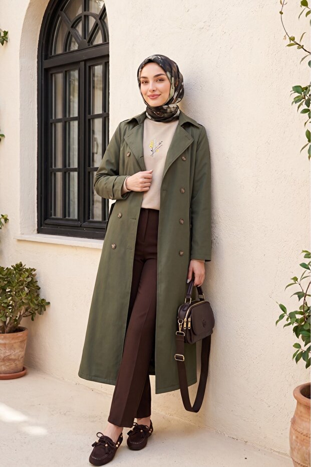 Double Button Belted Trench Coat -Khaki