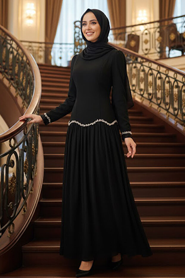 Beaded Detailed Black Hijab Evening Dress 55212S