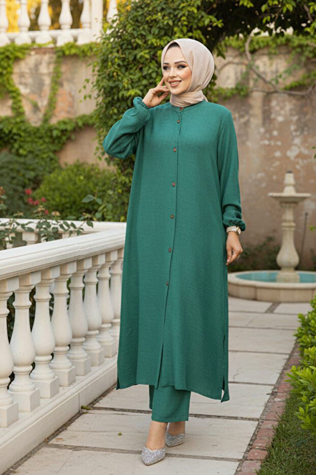 Buttoned Emerald Green Hijab Double Set 19017Zy