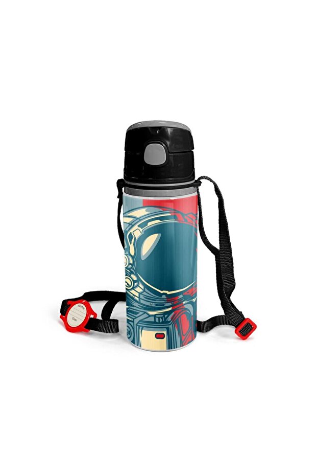 Kids Indigo Red Astronaut Patterned Aluminum Water Bottle with Straw 600 ml 11941