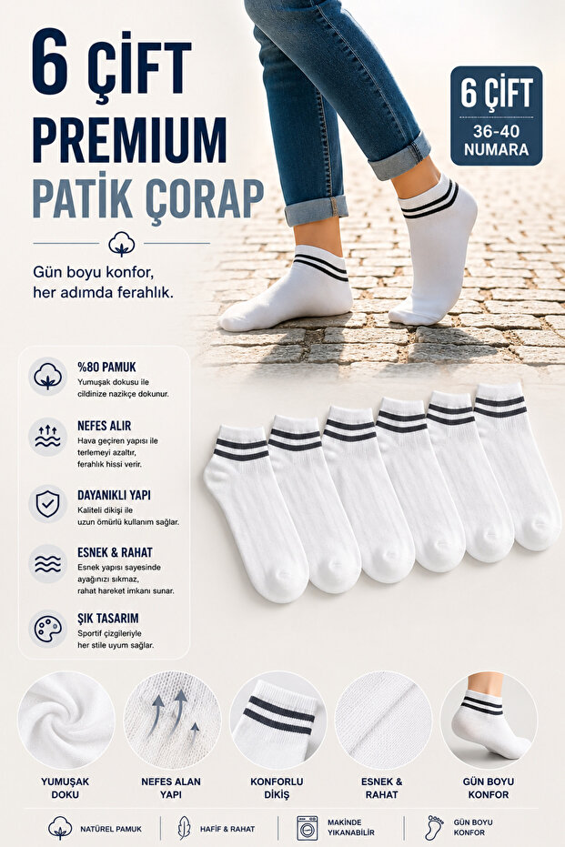 6 Pairs of Women's White Striped Cotton Booties Socks