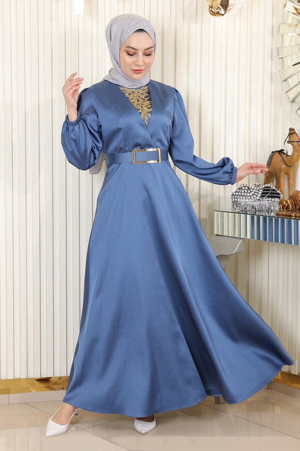 Stone Detailed Satin Evening Dress Blue 19901