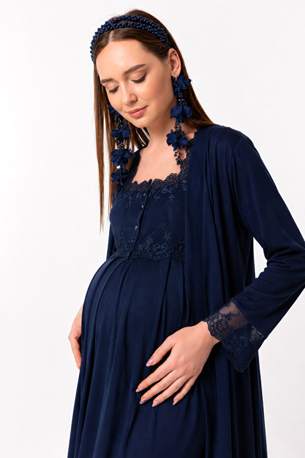 Effortt Navy Maternity and Postpartum Nightgown Set with Robe
