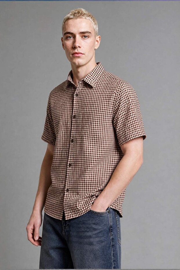 Boxy Fit Short Sleeve Checkered Burgundy Shirt H3727Ax26Sm