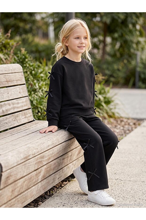 Civil Girls' Bowknot Tracksuit Set | Oysho Long Sleeve | School Nursery and Daily Use - Black