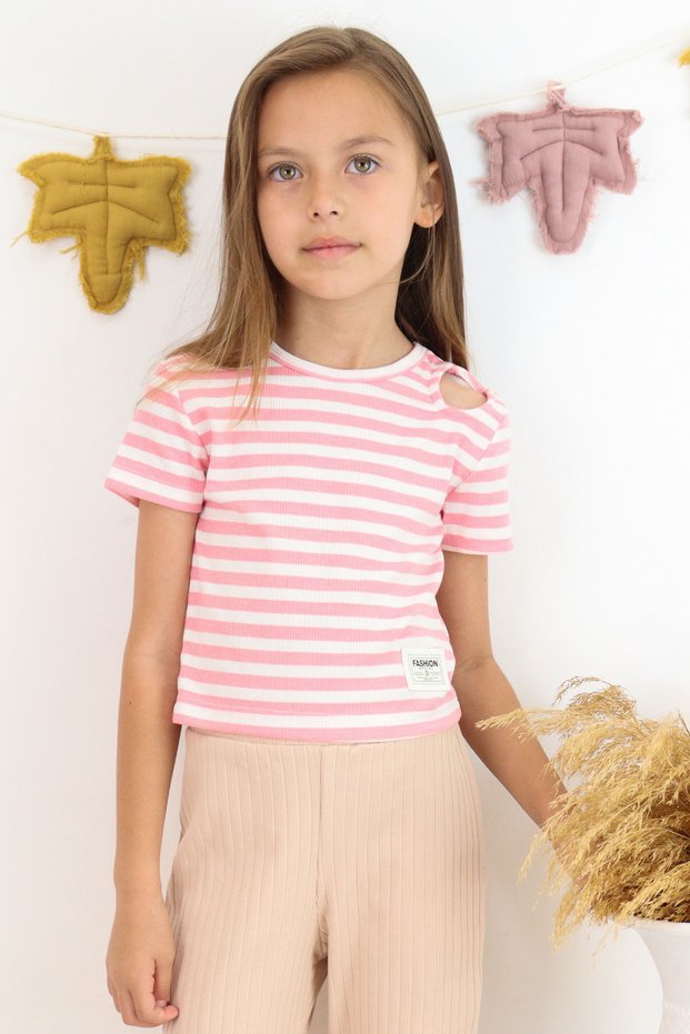 Girls' T-shirt with Shoulder Detail, Belt, Sizes 9-14 Years, Pink
