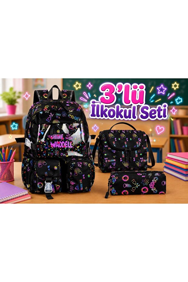 Black Kawaii Korean Style Twil Fabric Patterned Backpack, Lunch Bag and Pencil Case Triple Set