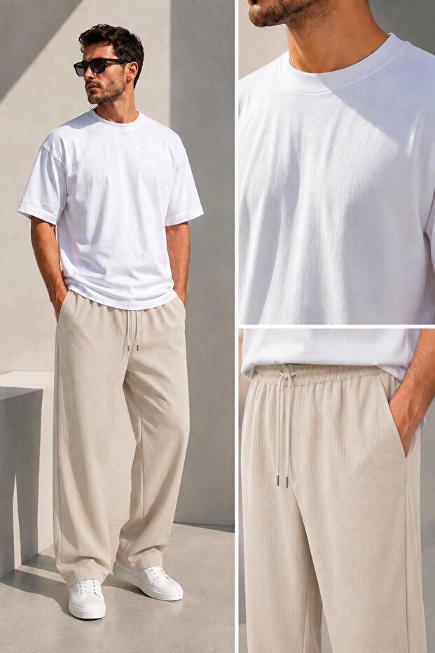 Men's Premium Combed Cotton T-Shirt Crinkle Fabric Tracksuit Top and Bottom Set