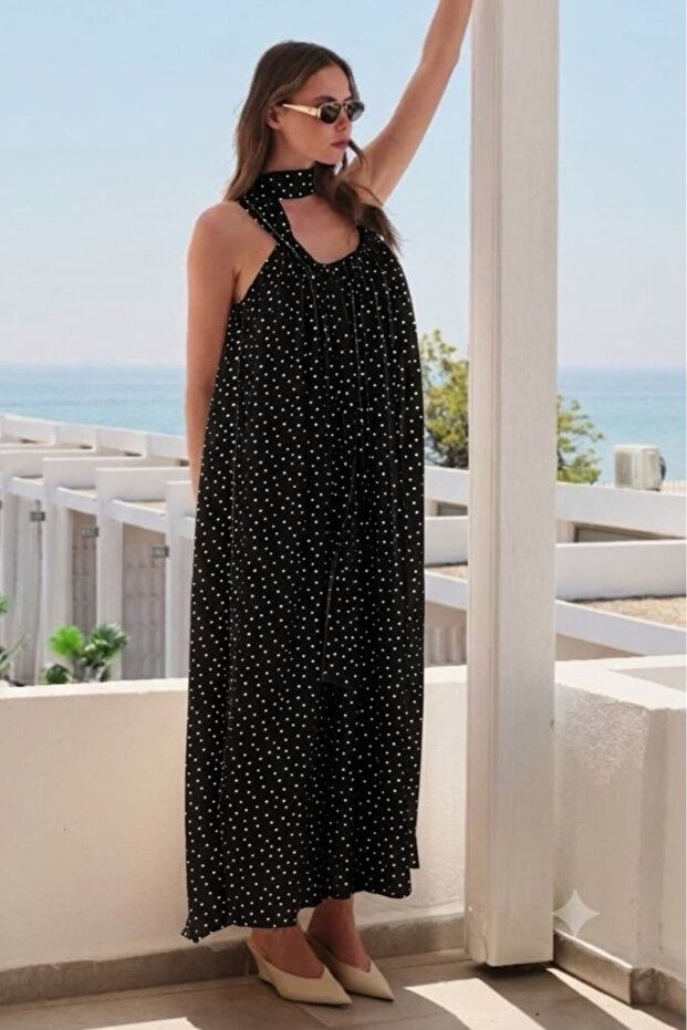 Fular Detail Polka Dot Long Dress Per3439
