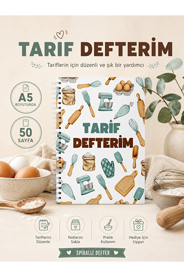 دفتر وصفات الطبخ مقاس A5 حلزوني 50 ورقة/100 صفحة - 100 وصفة