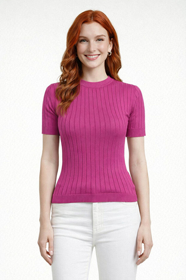 Crew Neck Ribbed Short Sleeve Knitwear Blouse