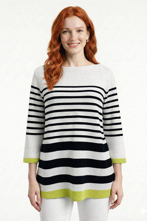 Black and White Striped Neon Green Striped Boat Neck Knit Sweater