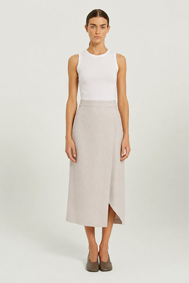 Stone Double Breasted Asymmetrical Slit Midi Skirt