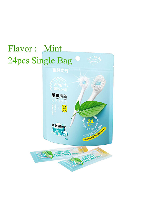 24pcs Mint Mini Toothbrush With Mouth Freshener Beads&Toothpick&Tongue Scraper 4in1 Remove Bad Breat
