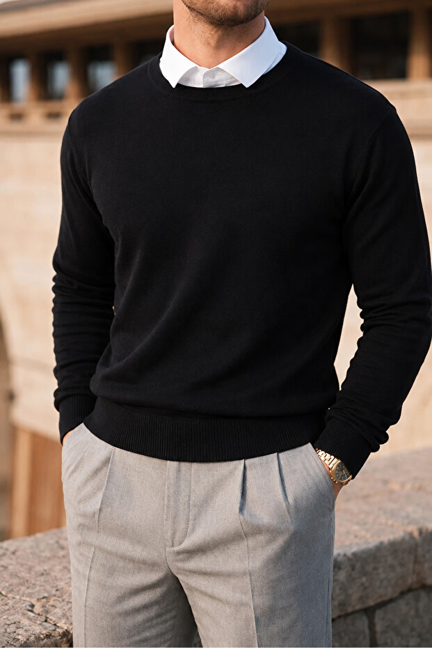 Men's Winter Crew Neck Slim Fit Black Basic Sweater