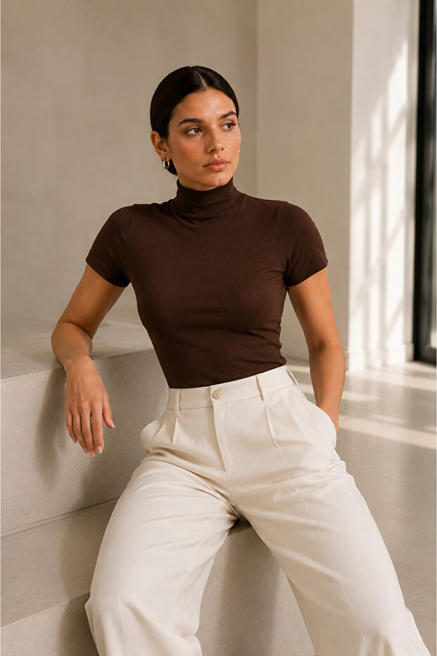 Turtleneck Short Sleeve Cotton Combed Cotton Bodysuit