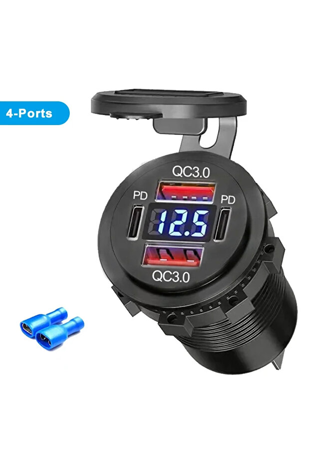 4Ports 96W Dual PD QC3.0 USB Car Motobike Charger with Voltmeter Socket Power Outlet Adapter Waterpr
