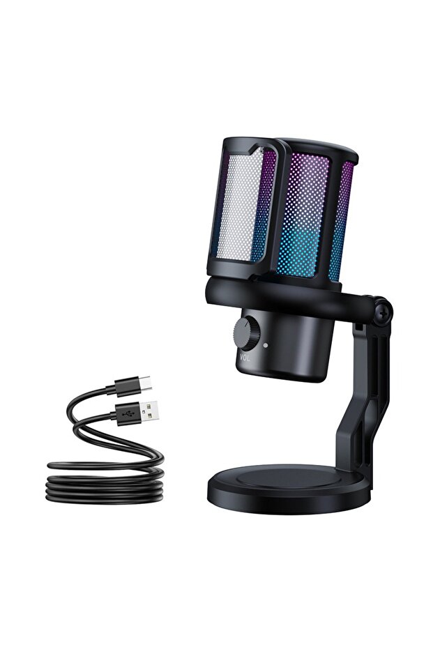 ميكروفون USB V1pro للكمبيوتر الشخصي، ميكروفون مكثف للبودكاست للتسجيل الاستوديوهي مع مقبس سماعات الرأس، إضاءة LED، خاصية إلغاء الضوضاء