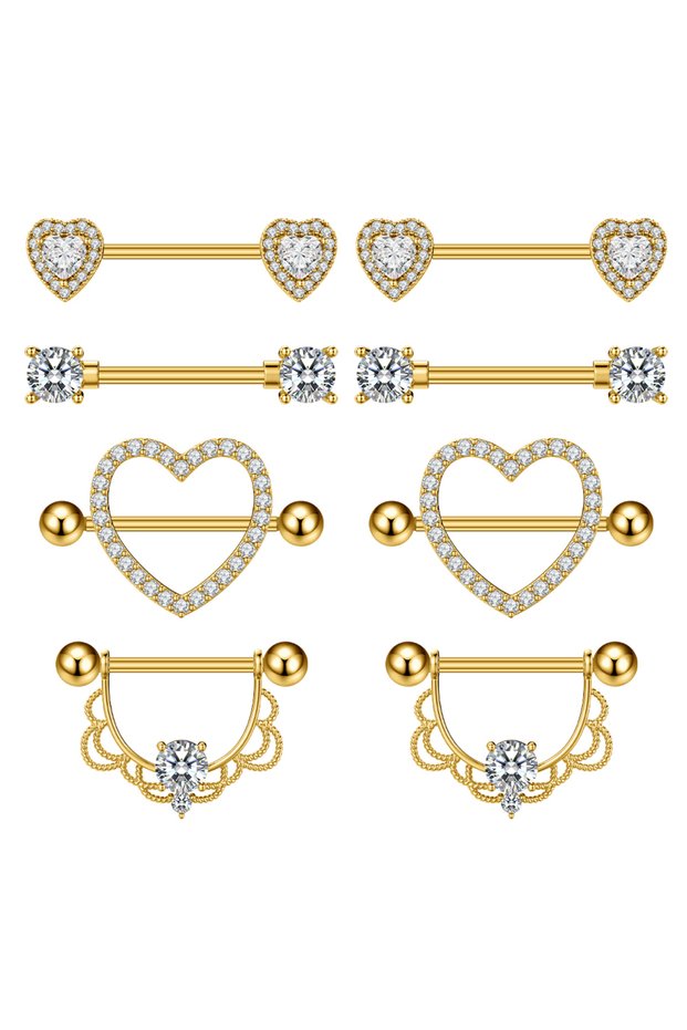 Heart body Nipple Rings style 7 4Pairs Nipple Ring Sets 14G Heart Cherry Flower Crystal CZ Nipple Je