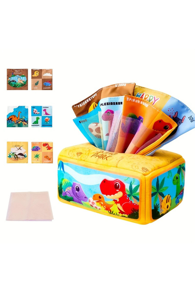 Dinosaur Baby Tissue Box Toy with Sensory Crinkle Paper | Montessori Soft Early Learning Toy for Inf