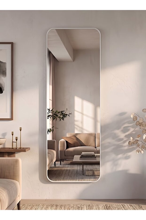 مرآة بتصميم أنيق، مقاس 120×30 سم، مرآة كاملة الطول بإطار معدني أبيض