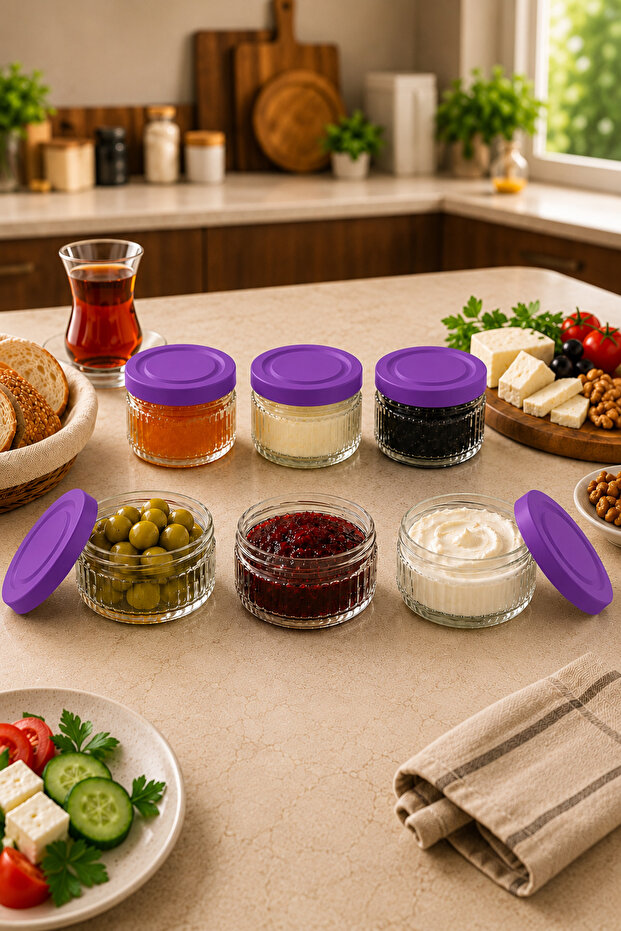 6-Piece Glass Breakfast Set 140 Cc |   Purple Lid Airtight Leak-Proof Glass Storage Container, Jam Jar, Olive Jar, Cheese Jar
