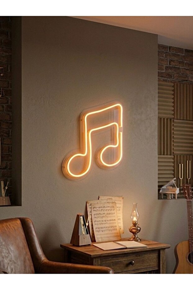 Amber Müzik Notası LED Neon Tablo | Aydınlatmalı Müzik Temalı Duvar Dekoru - 1