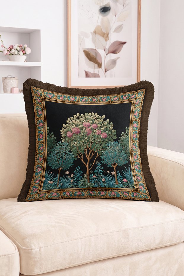 Framed Fringed Throw Pillow Cover with Tree and Flower Pattern on Black Background - Vintage Decorative Pillow