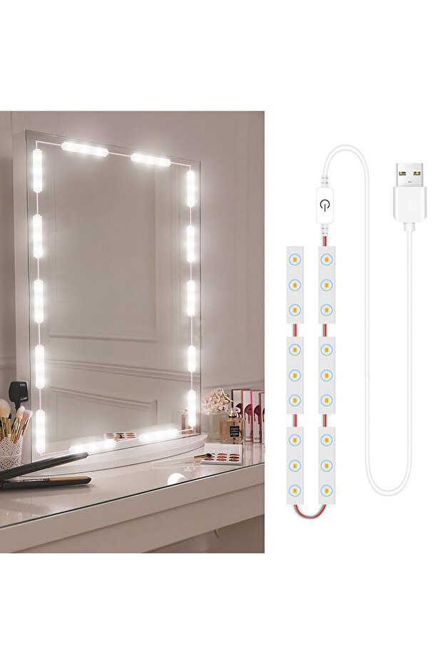 شريط إضاءة LED بمنفذ USB، 42 مصباح LED، مرآة تزيين، مرآة مكياج، إضاءة قابلة للتعتيم، تحكم باللمس.