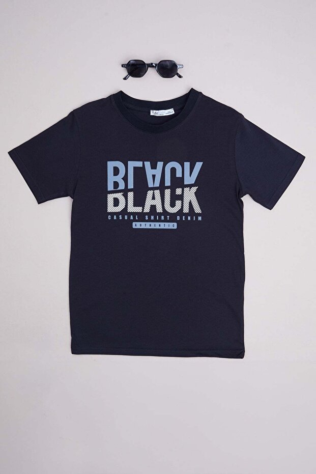 Black Text Printed Crew Neck Boys' T-Shirt