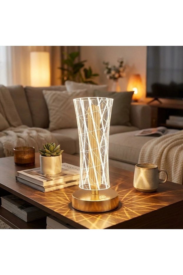 مصباح طاولة LED بتصميم خط كريستالي أسطواني - قاعدة ذهبية، يعمل باللمس، 3 أوضاع إضاءة، قابل للشحن
