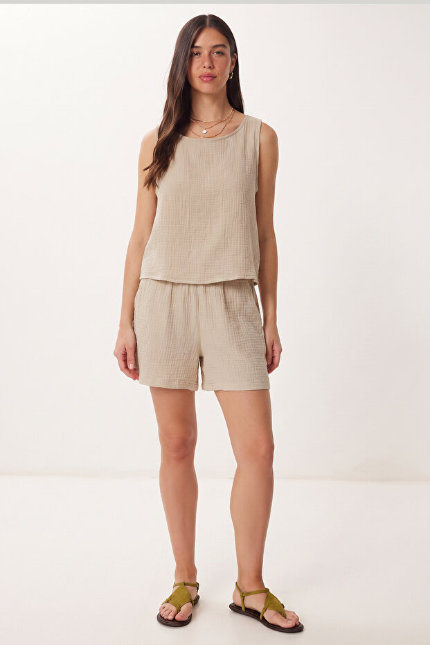 Muslin Blouse Shorts Set Lmc0063 Cream