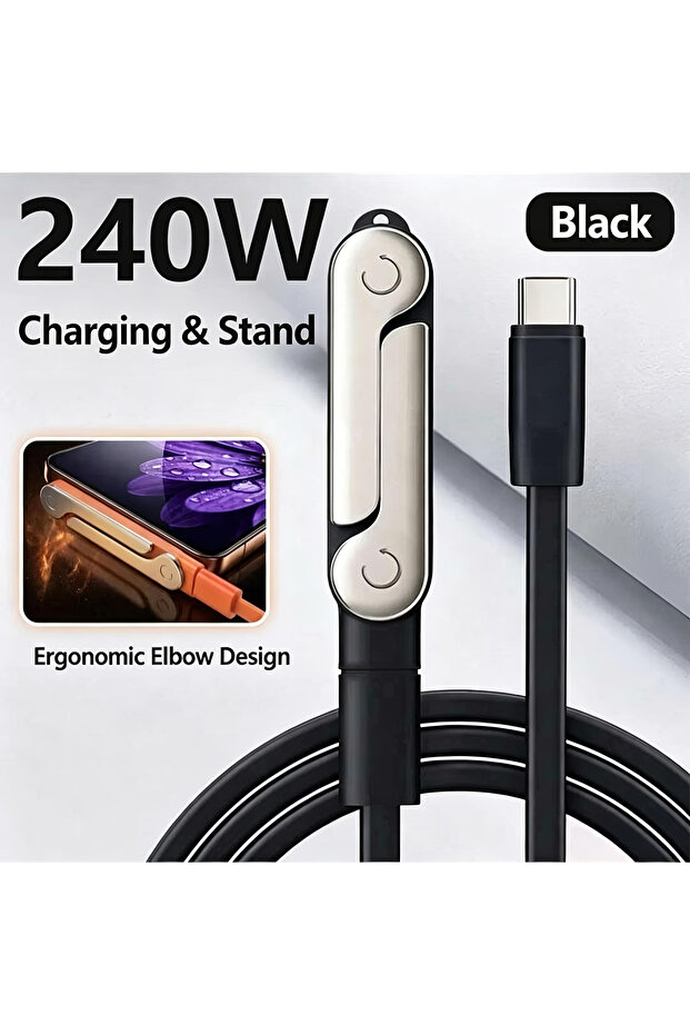 طقم أسود من قطعتين بقوة 240 واط، محول شحن سريع 2 في 1 من USB C إلى USB C مع حامل قابل للطي وكابل قابل للفصل