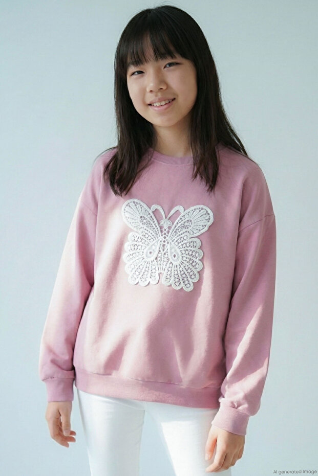 Girl's Sweatshirt with Butterfly Appliqué and Embroidery, Ages 8-12, Dried Rose