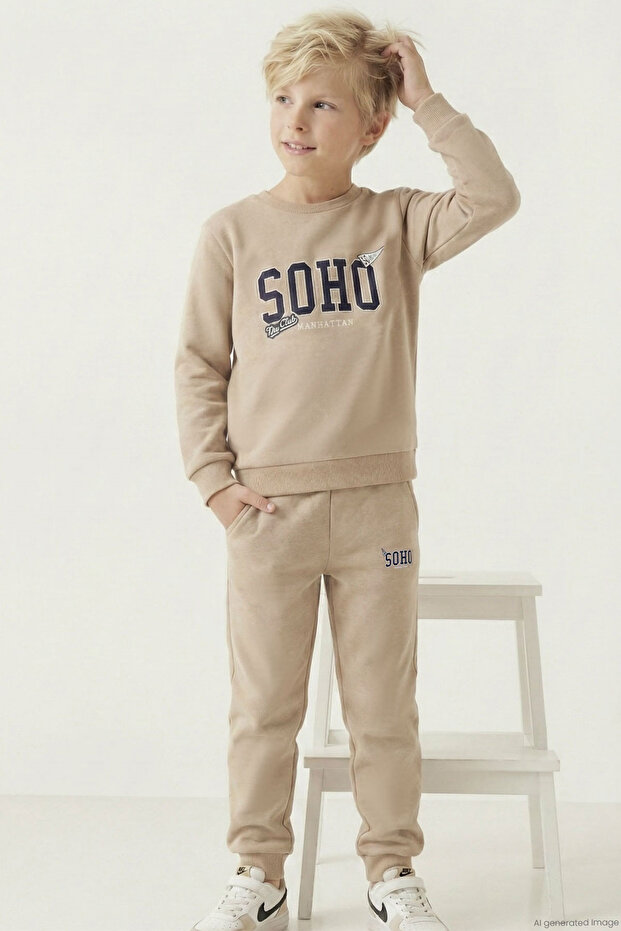 Boys' Tracksuit Set with Lettered Trousers and Pockets, Ages 4-8, Beige
