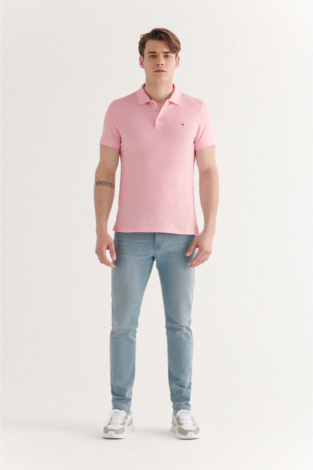 Pánské světle růžové tričko Basic Cotton Polo Neck E001004 - 5