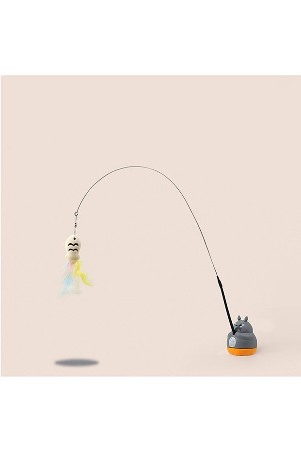GRAY Funny Cat Toy Steel Wire Long Pole Feather Rotating Fishing Stick for Kittens Cute Pet Self-Ent