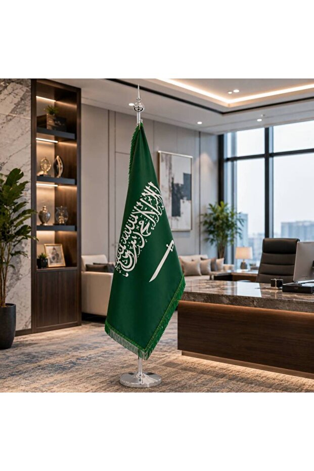 Saudi Arabia Luxury Indoor Flag with Gold Pole and green fringe