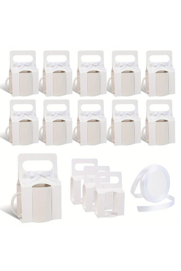 11.5X9.7X6Cm White 12-Pack Mug Boxes with 1 Roll of Ribbon for Gifts, 11-12oz Sublimation Mugs Gift