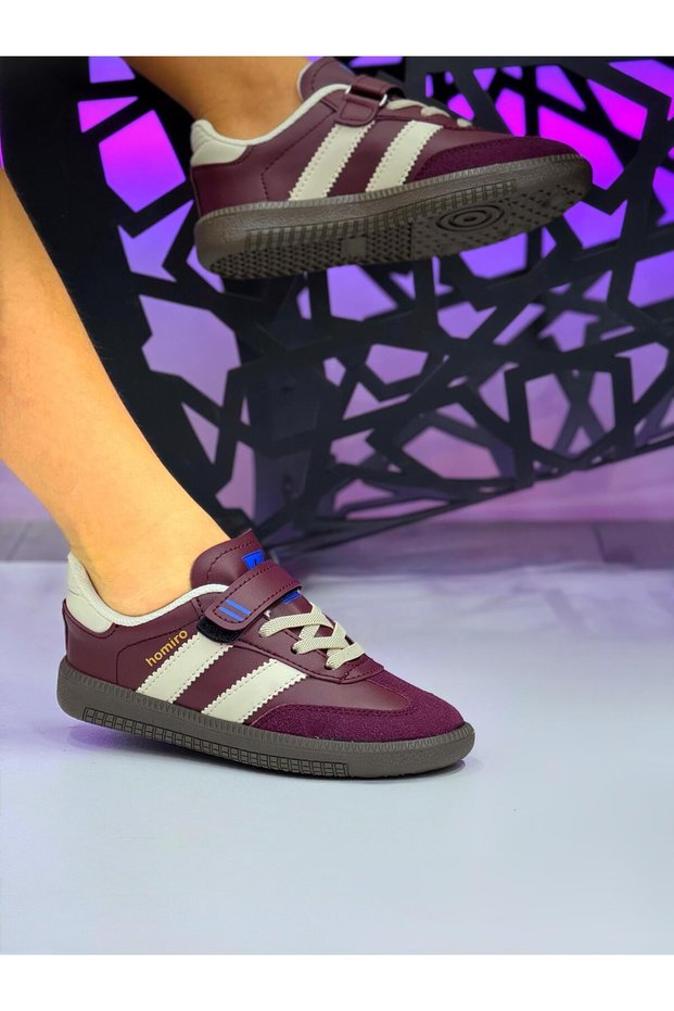 Children's Velcro Lace Waterproof Sports Shoes - Claret Red Beige