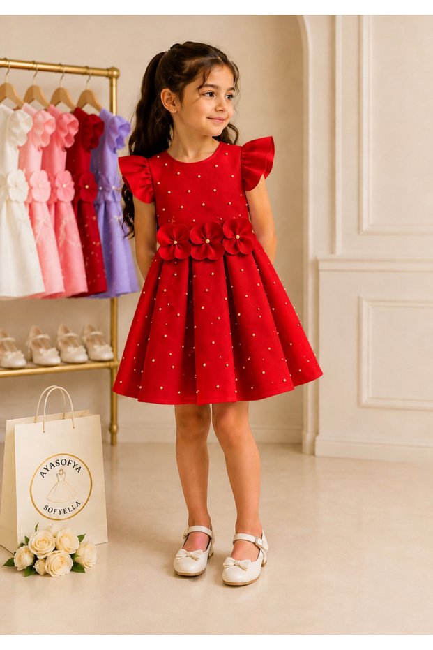 23 April Special Design Girl's Dress with Red Flowers and Pearls