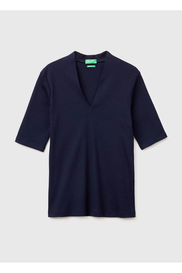 Women's Navy Blue 100% Cotton Half Sleeve Deep V-Neck T-Shirt