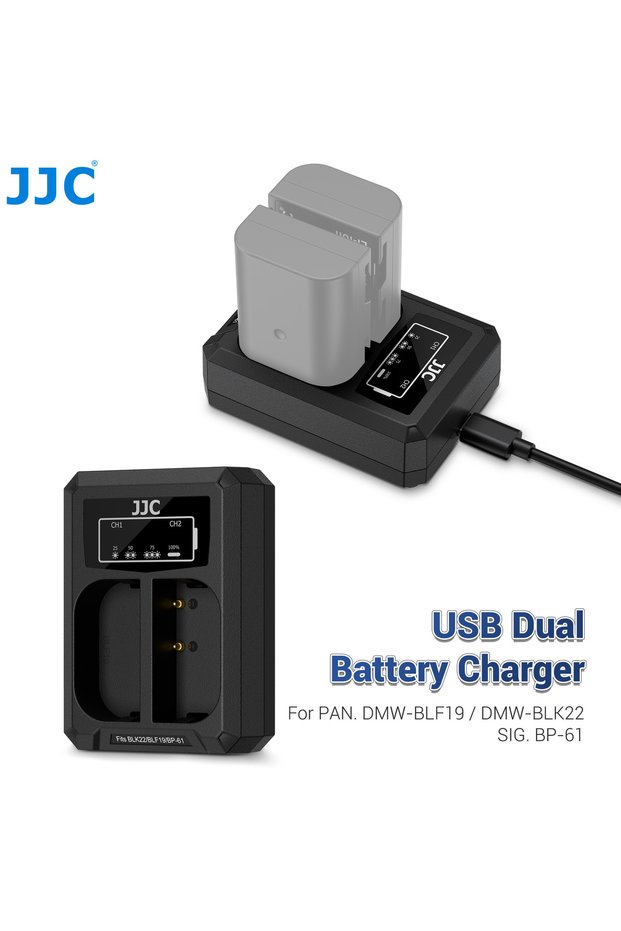 black JJC USB Type C Dual Battery Charger for Panasonic Lumix S9 S5 G9 II GH7 GH3 GH4 GH5 DMW-BLK22/