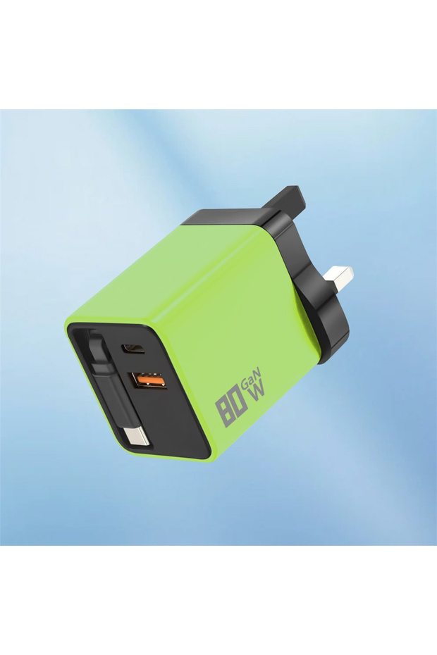 Green UK Plug 80W GaN USB C Fast Charger Retractable Cable Phone Charger Adapter For iPhone Samsung