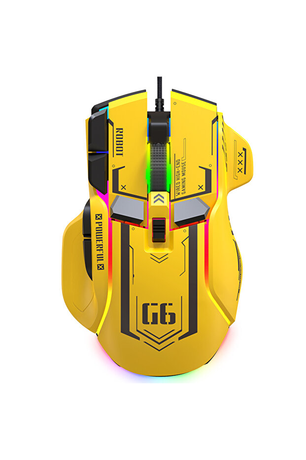 ماوس ألعاب G6 سلكي باللون الأصفر بدقة 128000 نقطة في البوصة مع رقاقة A826 RGB قابلة للبرمجة مع تصميم مريح فائق