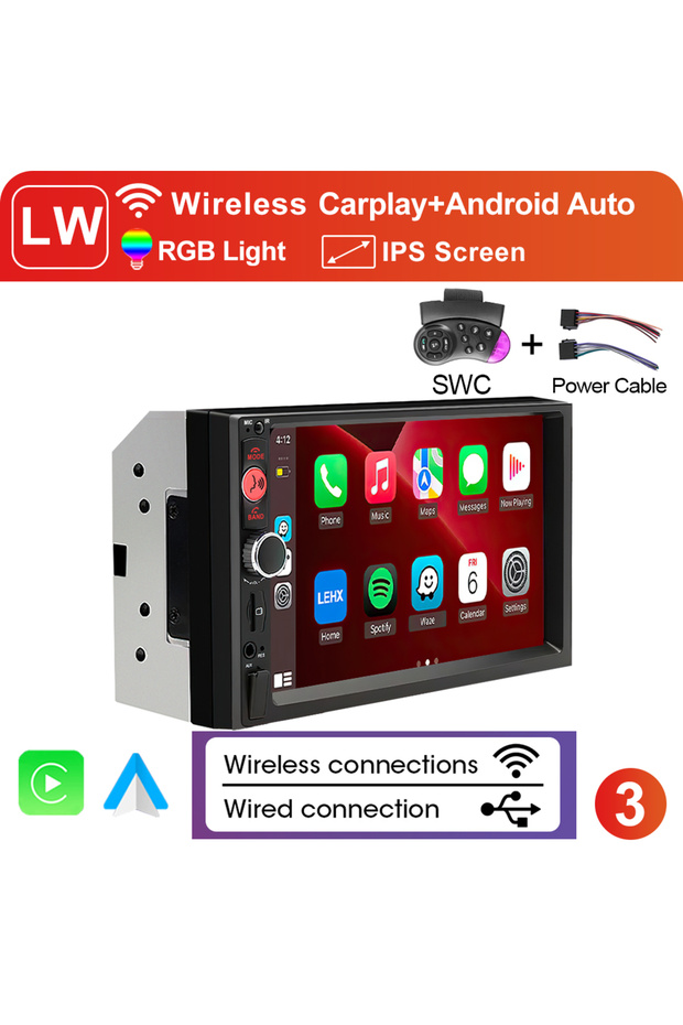 راديو سيارة ستيريو لاسلكي متعدد الوسائط XIMA 2Din بشاشة IPS مقاس 7 بوصات بتقنية CarPlay وAndroid Auto (رقم الموديل: Wireless-7010-0).
