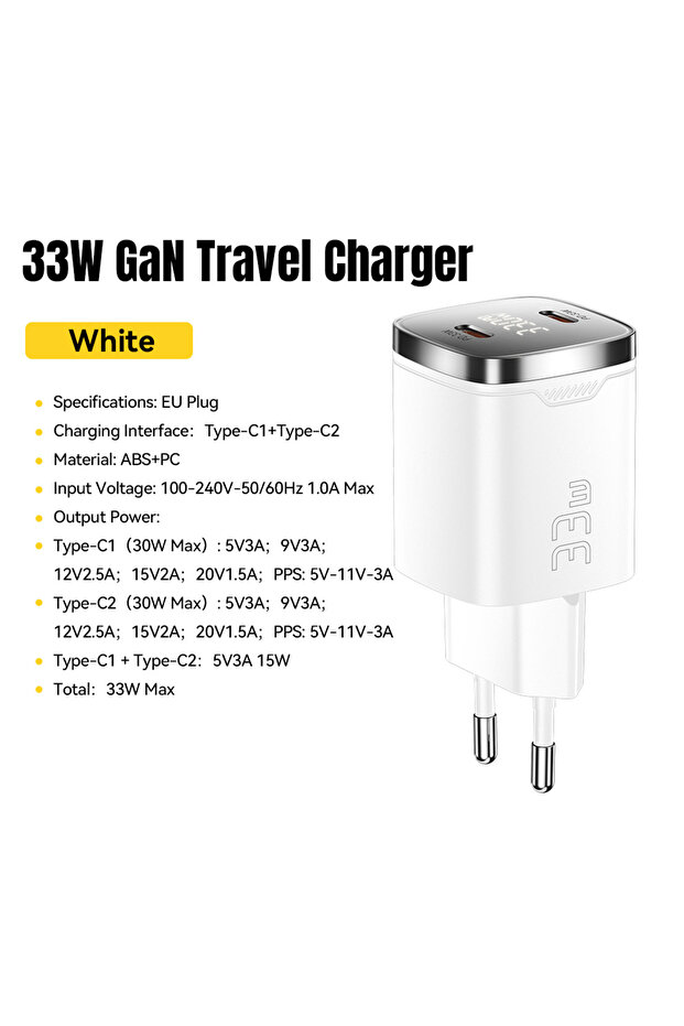 33W EU White 33W GaN USB C Charger Digital Display PD Fast Charging For iPhone 13 12