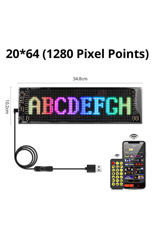 شاشة عرض LED مزدوجة الصفوف 10×35 سم، 20×64 LED، لوحة بكسل LED RGB ذكية قابلة للبرمجة للسيارات