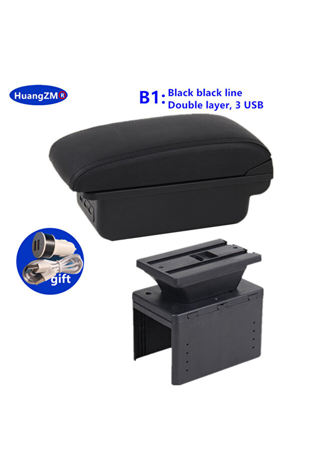 صندوق مسند ذراع السيارة العالمي B1 Black line 3USB، موديل عالمي، ملحقات السيارة، تخزين مركزي